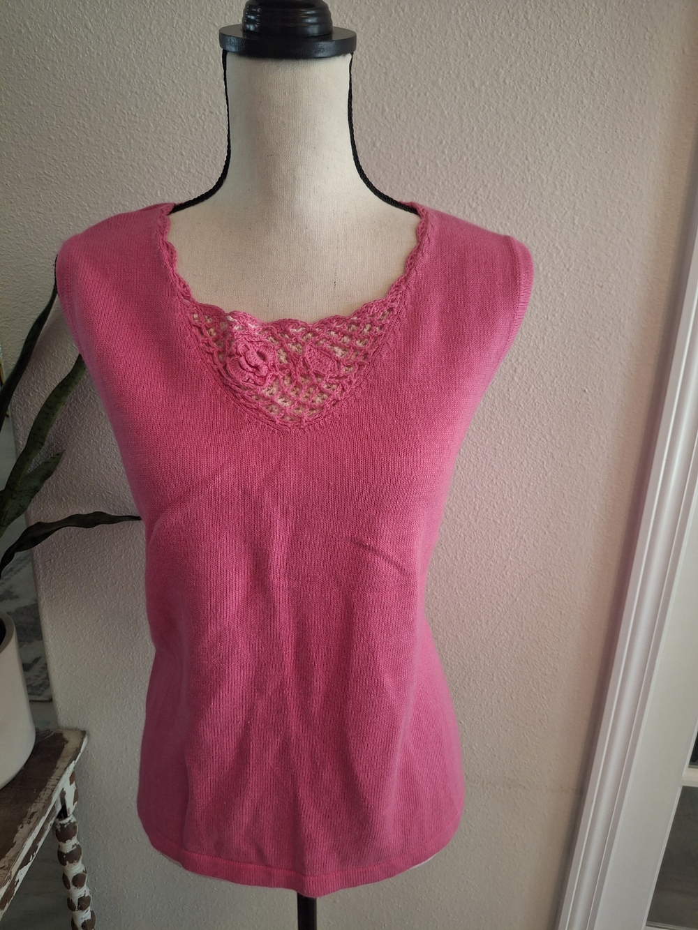 Cottagecore Storybook Knits Pink Crochet-Trim Tank Top